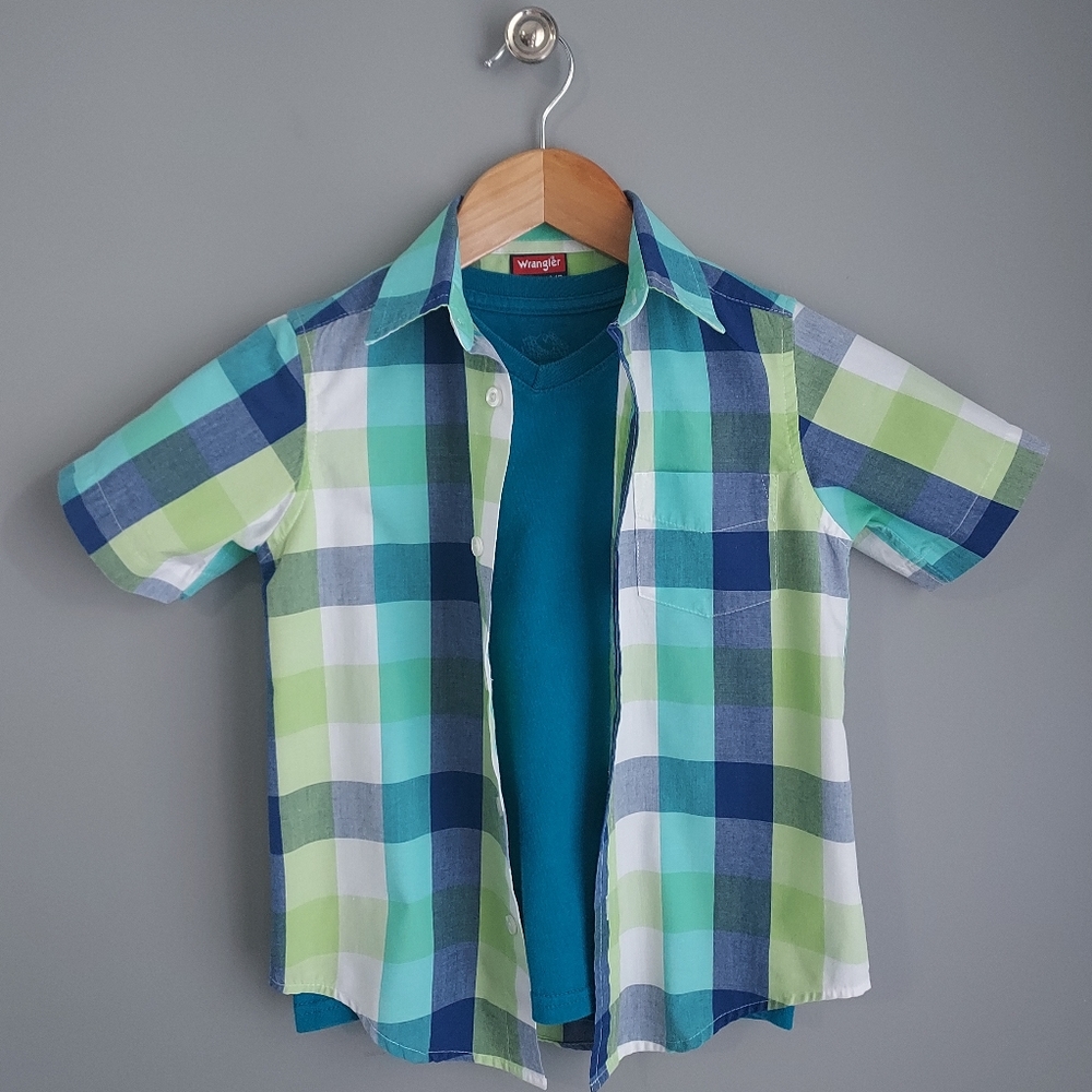 Wrangler, sz 4/5, plaid, button down & Fruit of the Loom sz 4/5 dark teal tshirt